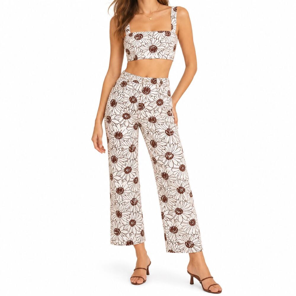 Reformation Sunny Denim Set 6 Brown Floral Crop Top High Rise Wide Leg Jeans 2PC